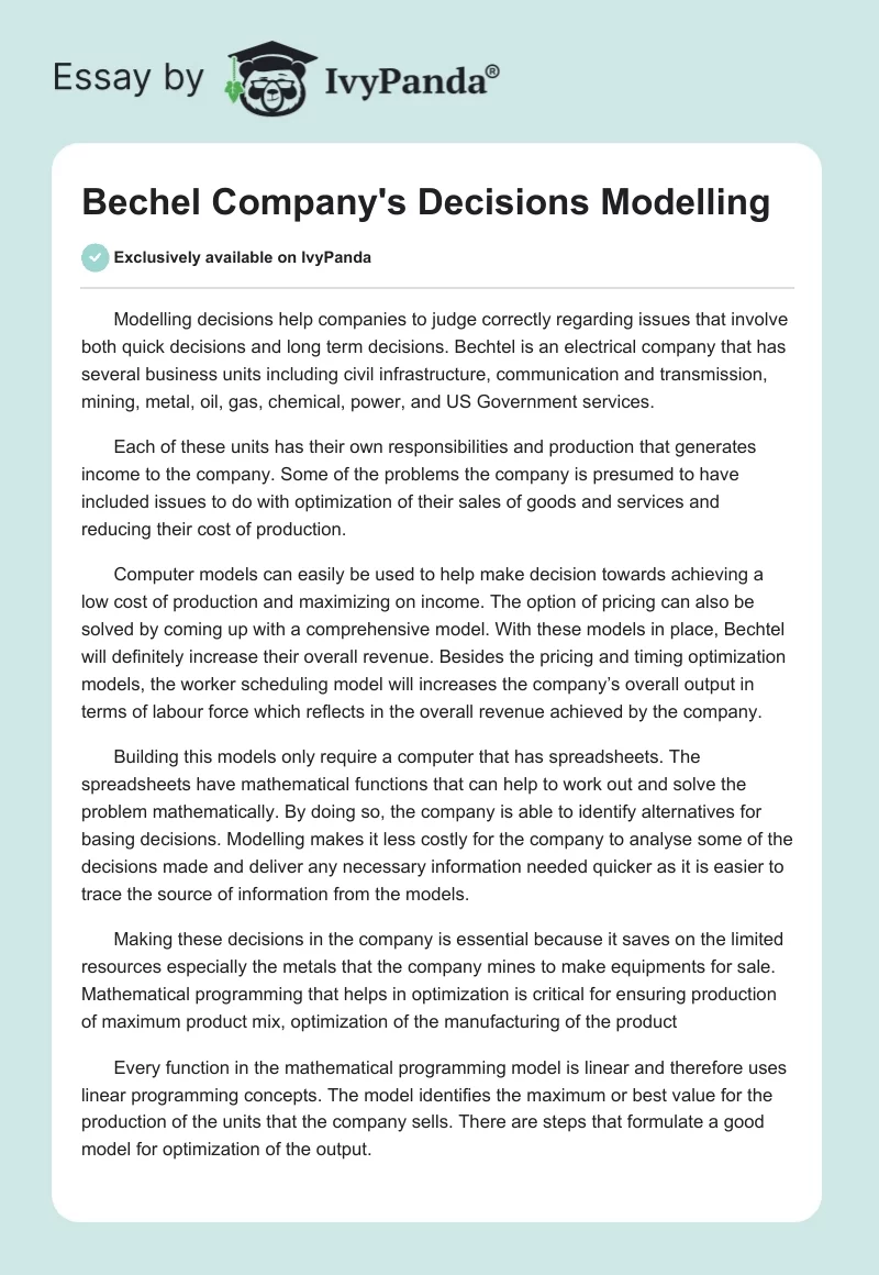 Bechel Company's Decisions Modelling. Page 1