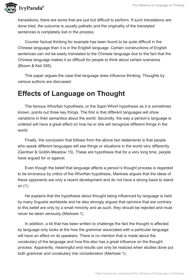 The Influence of Language on Thinking. Page 2