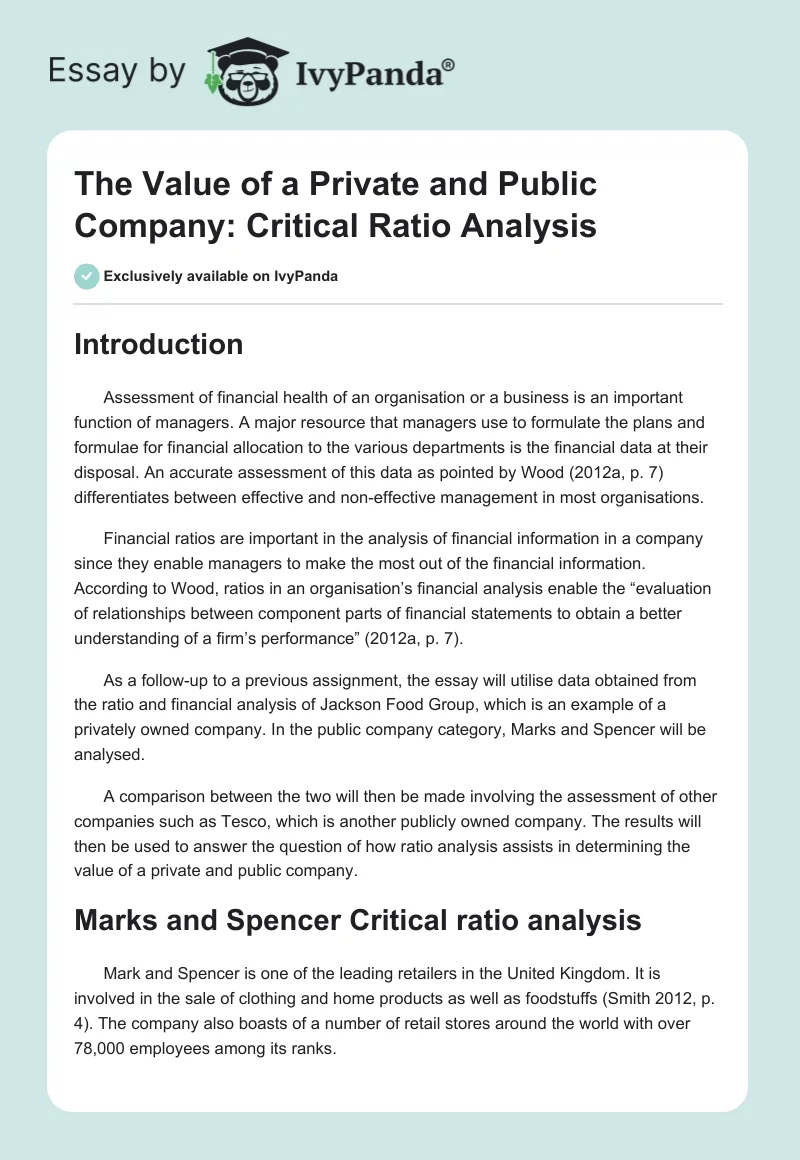 The Value of a Private and Public Company: Critical Ratio Analysis. Page 1