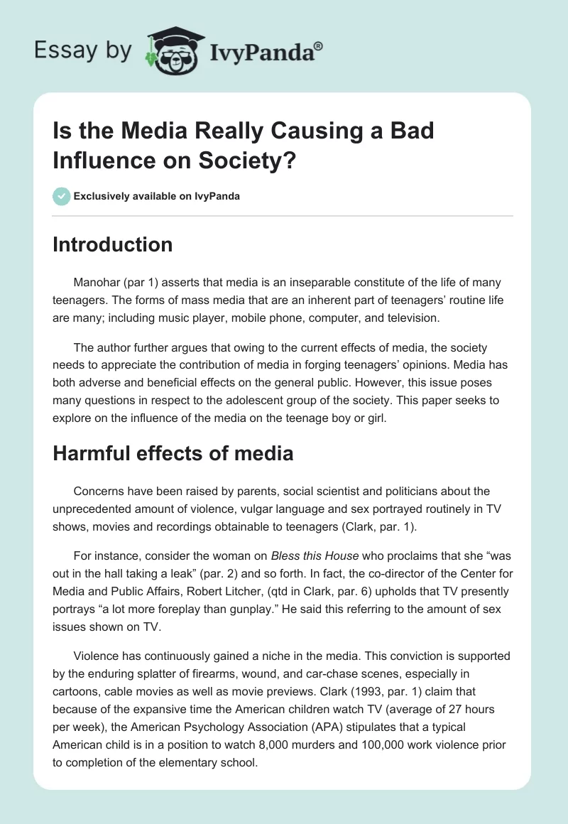 Is the Media Really Causing a Bad Influence on Society?. Page 1