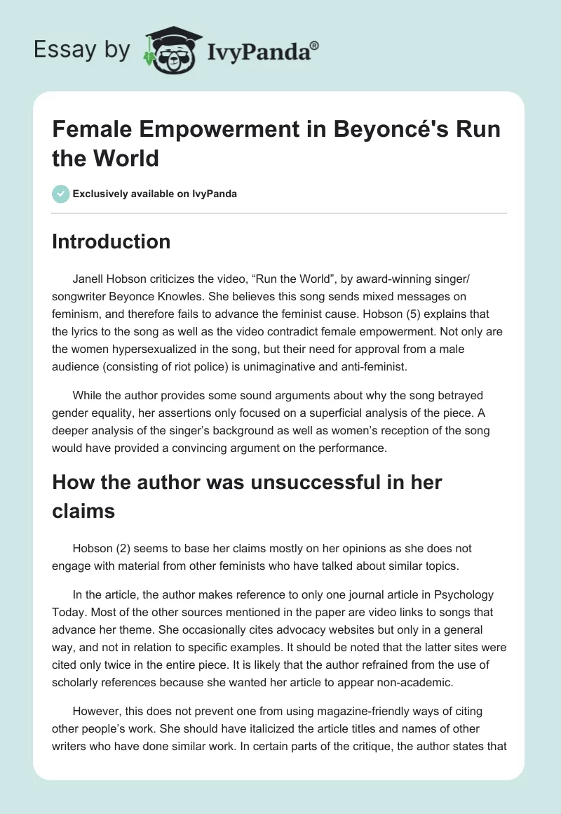 Female Empowerment in Beyoncé's "Run the World". Page 1