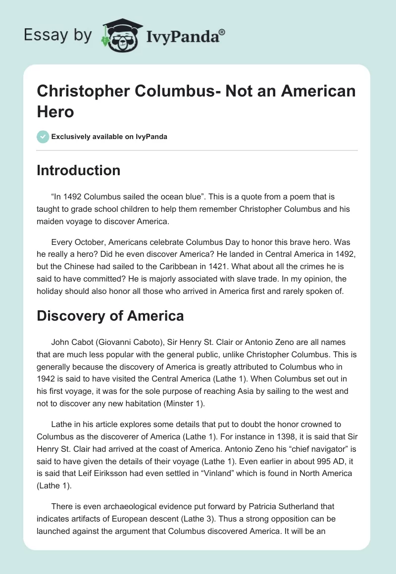 Christopher Columbus- Not an American Hero. Page 1