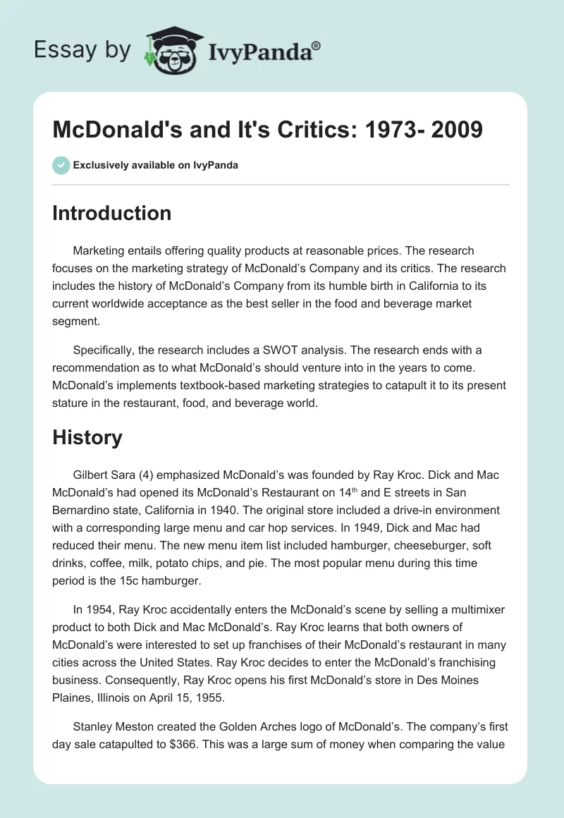 McDonald's and It's Critics: 1973- 2009. Page 1