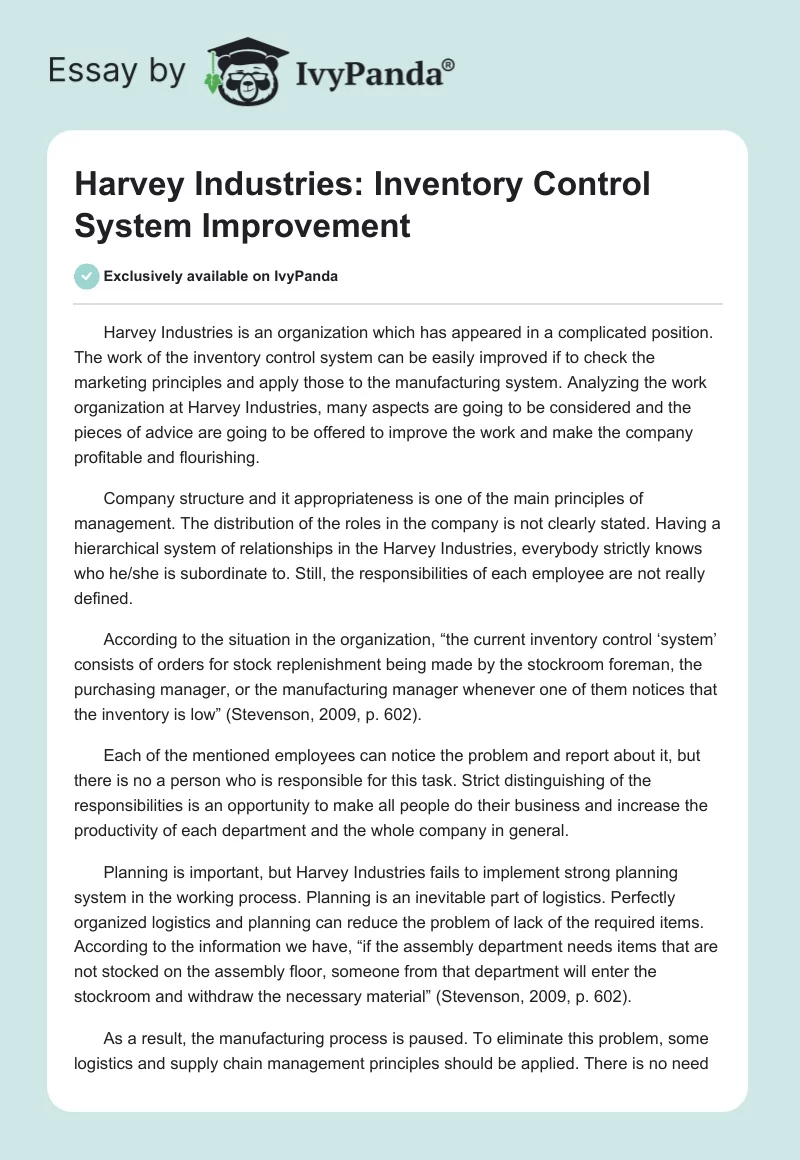 Harvey Industries: Inventory Control System Improvement. Page 1