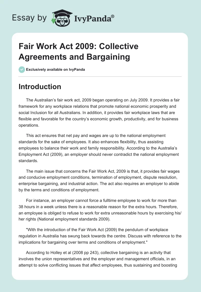 Fair Work Act 2009: Collective Agreements and Bargaining. Page 1
