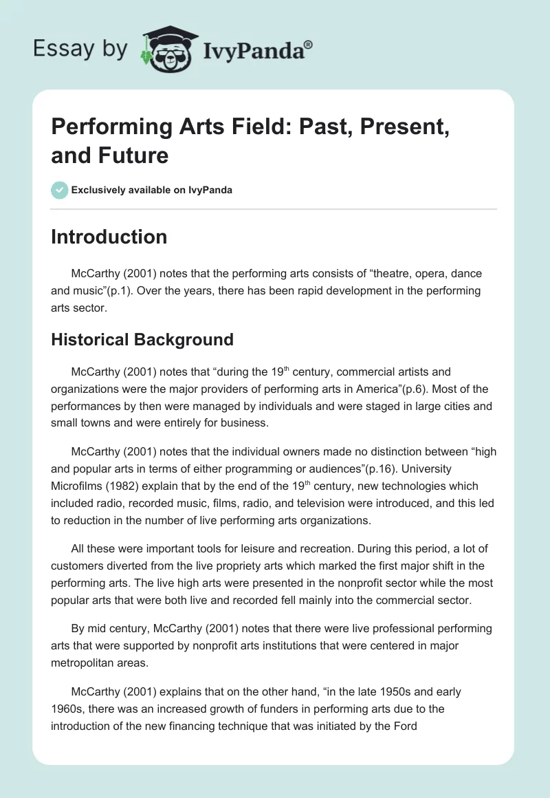 Performing Arts Field: Past, Present, and Future. Page 1