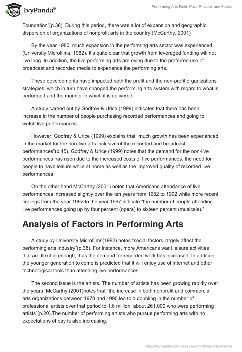 Performing Arts Field: Past, Present, and Future. Page 2