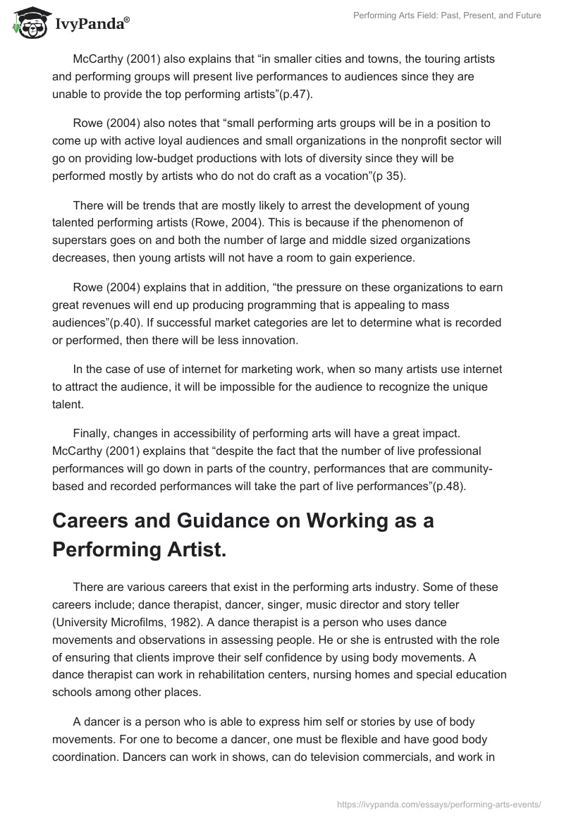 Performing Arts Field: Past, Present, and Future. Page 5