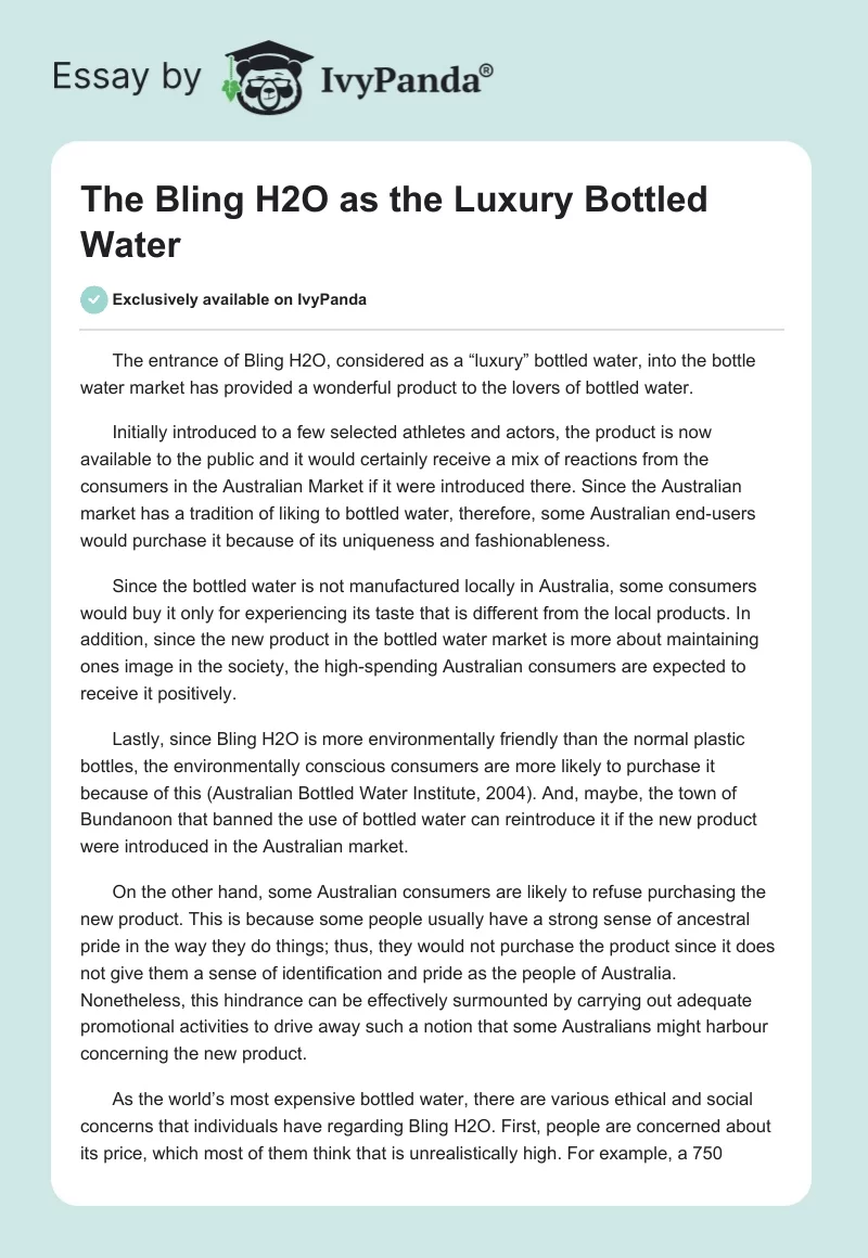 The "Bling H2O" as the Luxury Bottled Water. Page 1