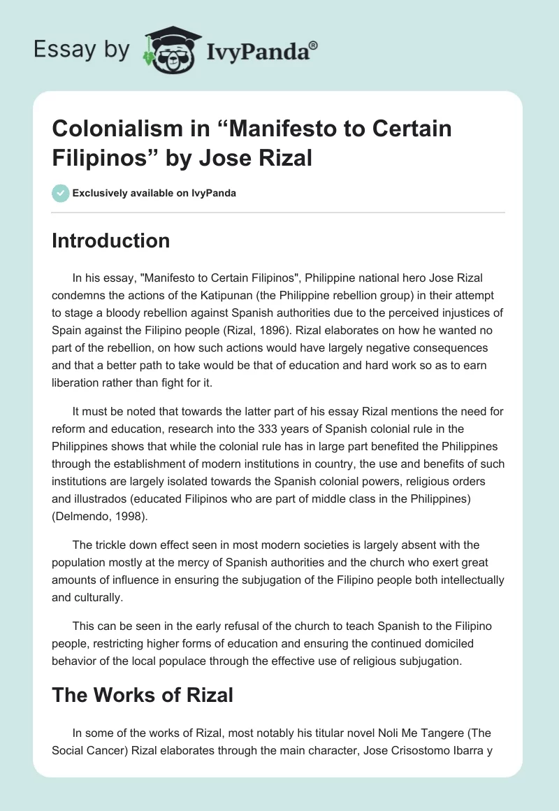Colonialism in “Manifesto to Certain Filipinos” by Jose Rizal. Page 1