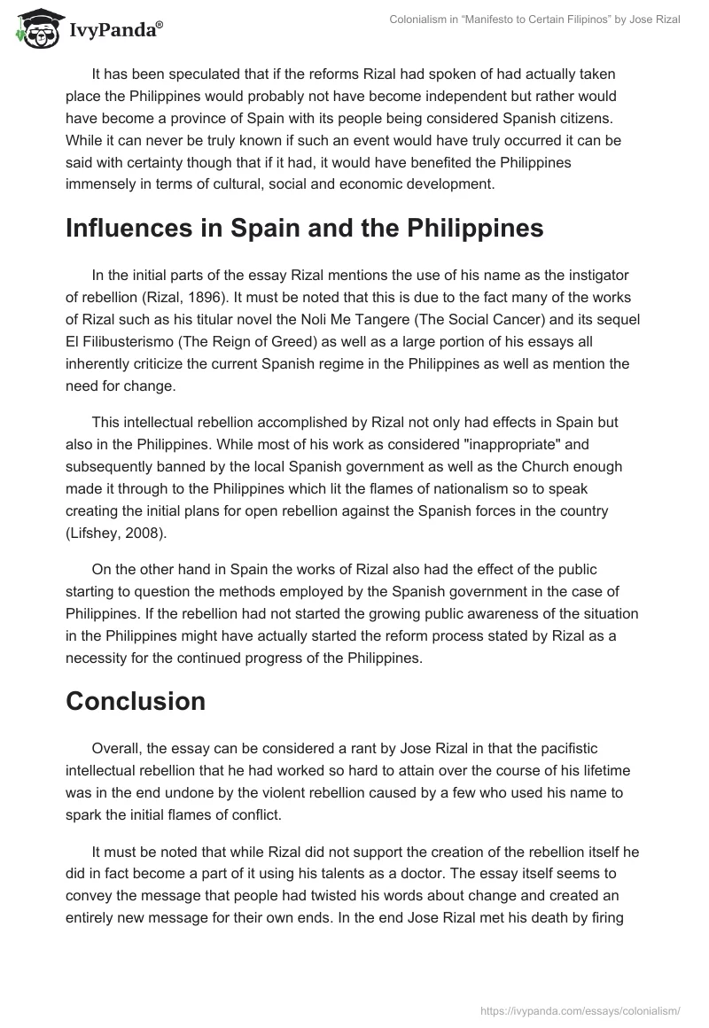 Colonialism in “Manifesto to Certain Filipinos” by Jose Rizal. Page 3