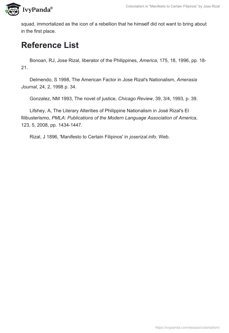 Colonialism in “Manifesto to Certain Filipinos” by Jose Rizal. Page 4