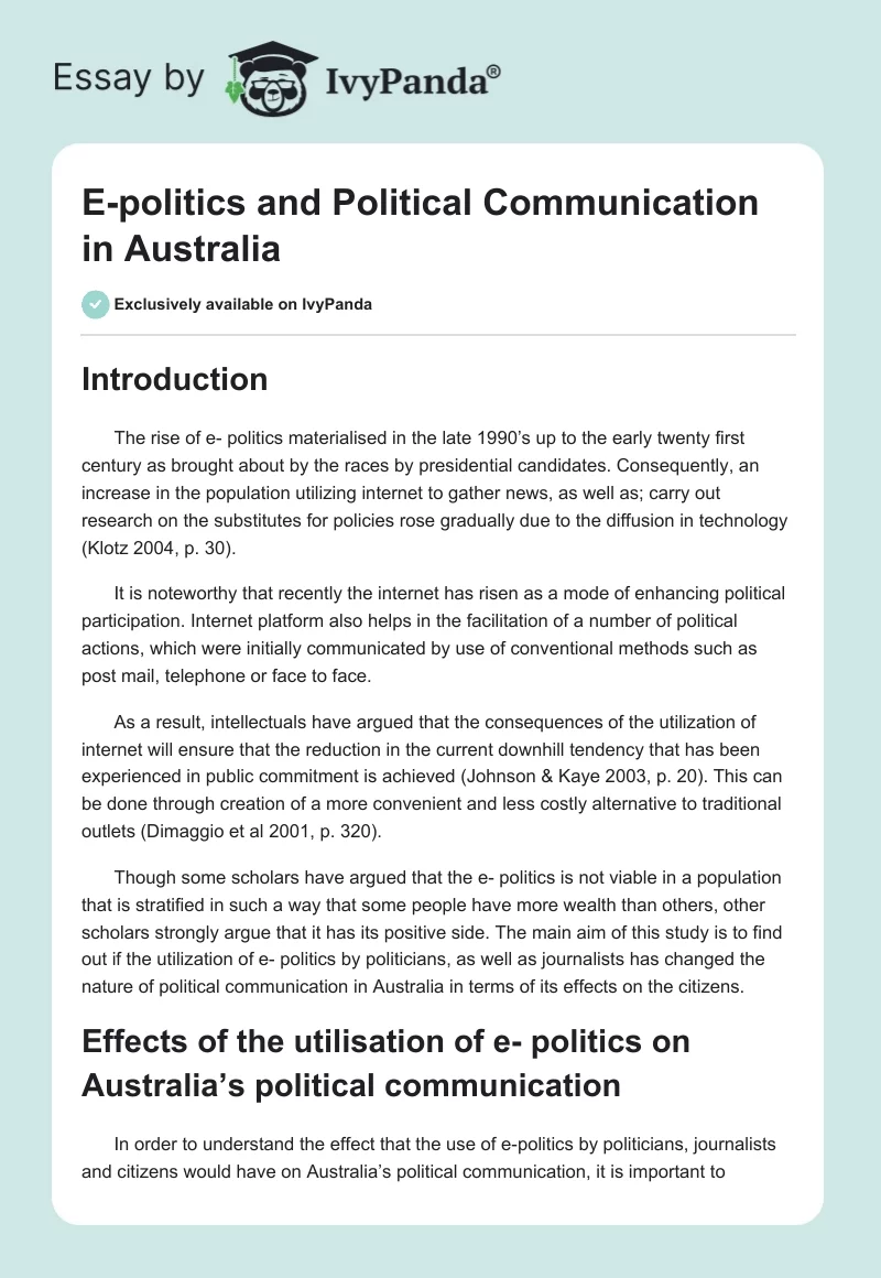 E-politics and Political Communication in Australia. Page 1