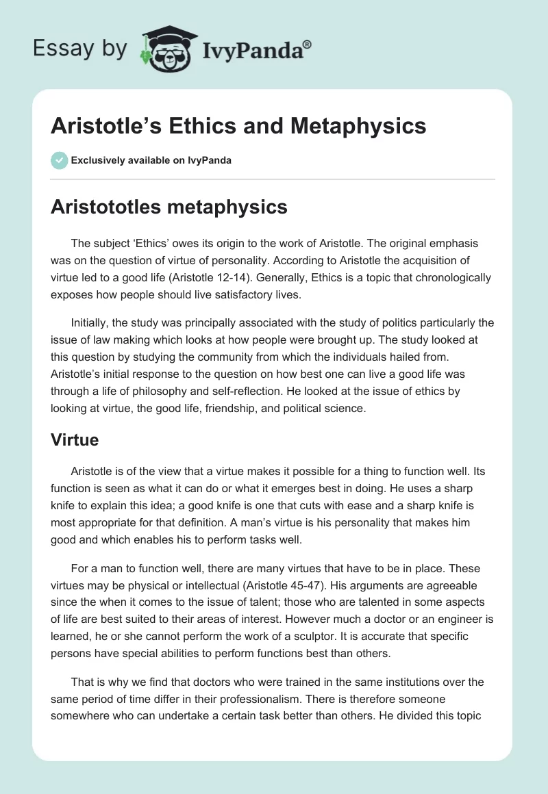 Aristotle’s Ethics and Metaphysics. Page 1