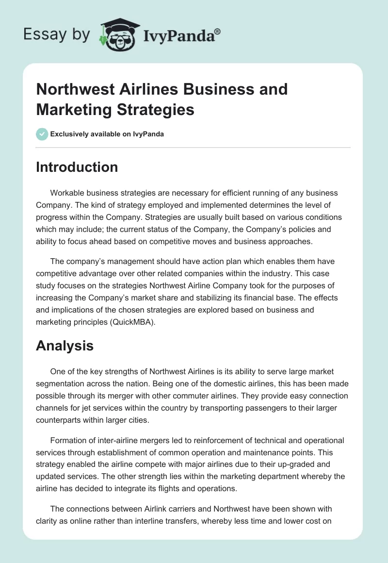 Northwest Airlines Business and Marketing Strategies. Page 1