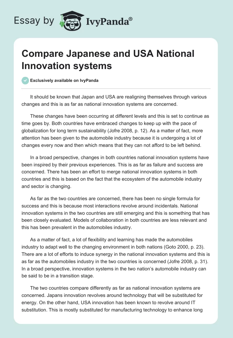 Compare Japanese and USA National Innovation systems. Page 1