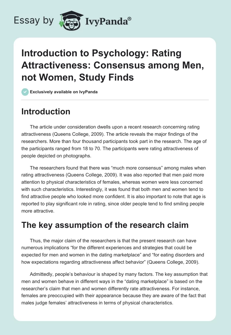 Introduction to Psychology: Rating Attractiveness: Consensus among Men, not Women, Study Finds. Page 1
