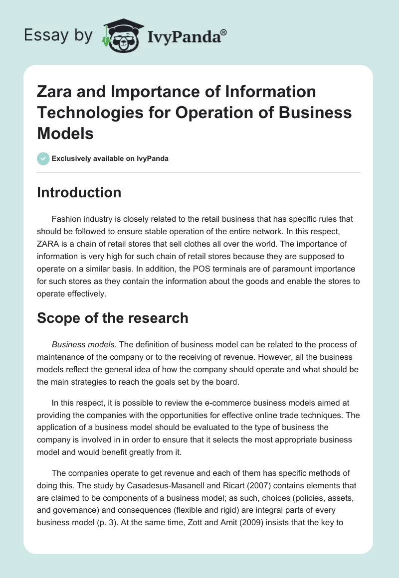 Zara and Importance of Information Technologies for Operation of Business Models. Page 1