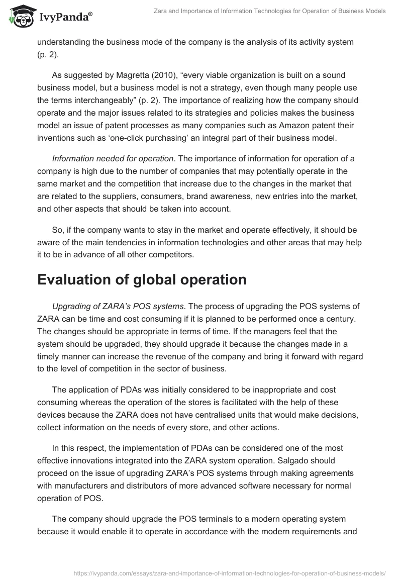 Zara and Importance of Information Technologies for Operation of Business Models. Page 2