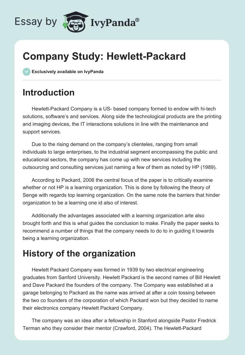 Company Study: Hewlett-Packard. Page 1