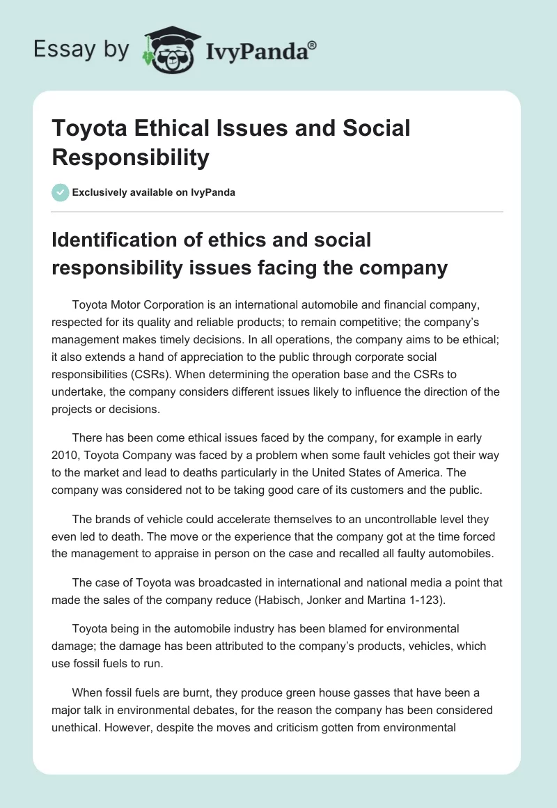 Toyota Ethical Issues and Social Responsibility. Page 1