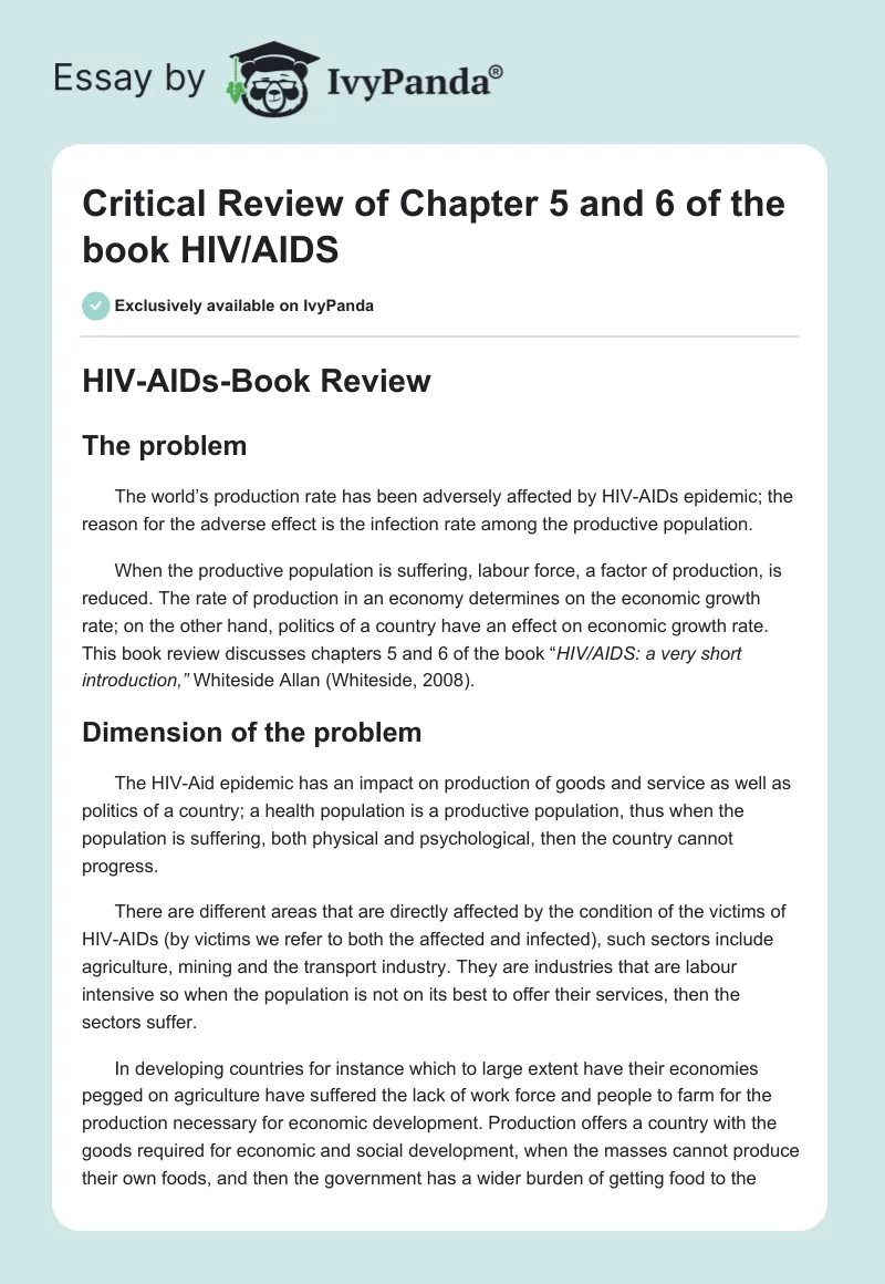 Critical Review of Chapter 5 and 6 of the Book HIV/AIDS. Page 1