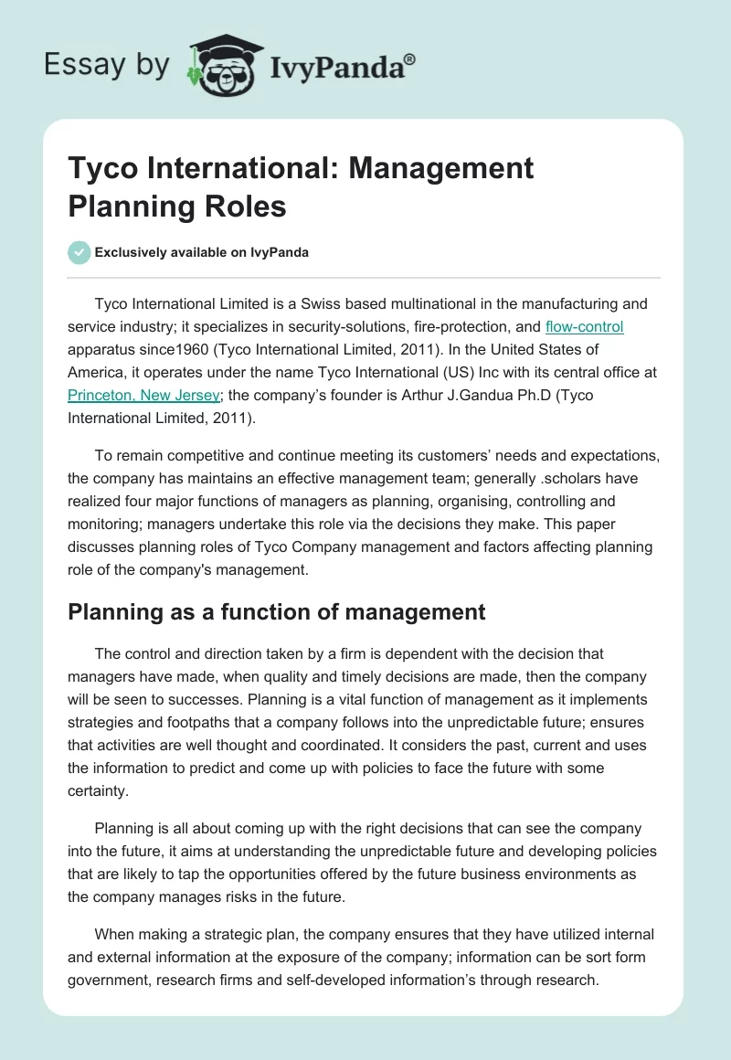 Tyco International: Management Planning Roles. Page 1