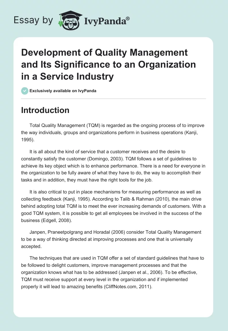 Development of Quality Management and Its Significance to an Organization in a Service Industry. Page 1