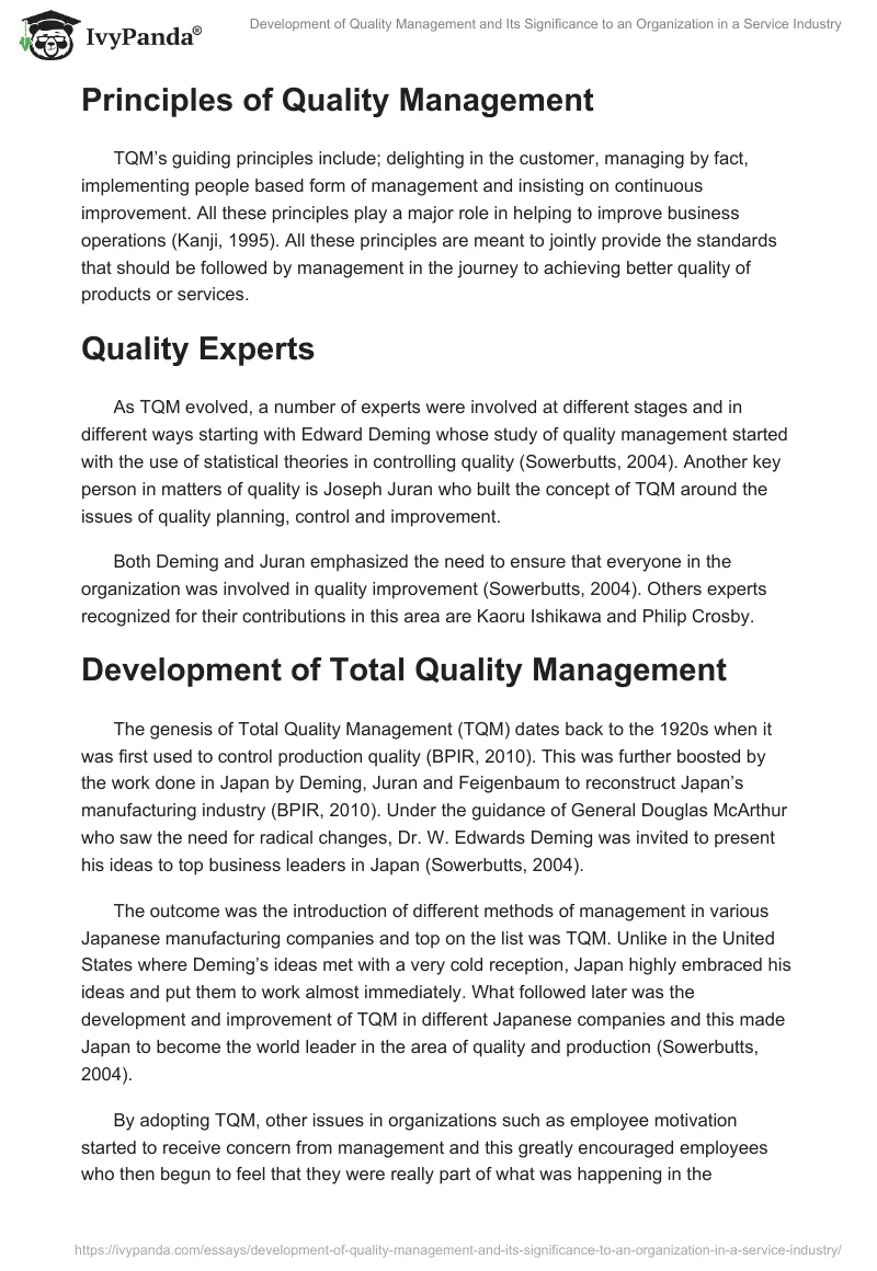 Development of Quality Management and Its Significance to an Organization in a Service Industry. Page 2