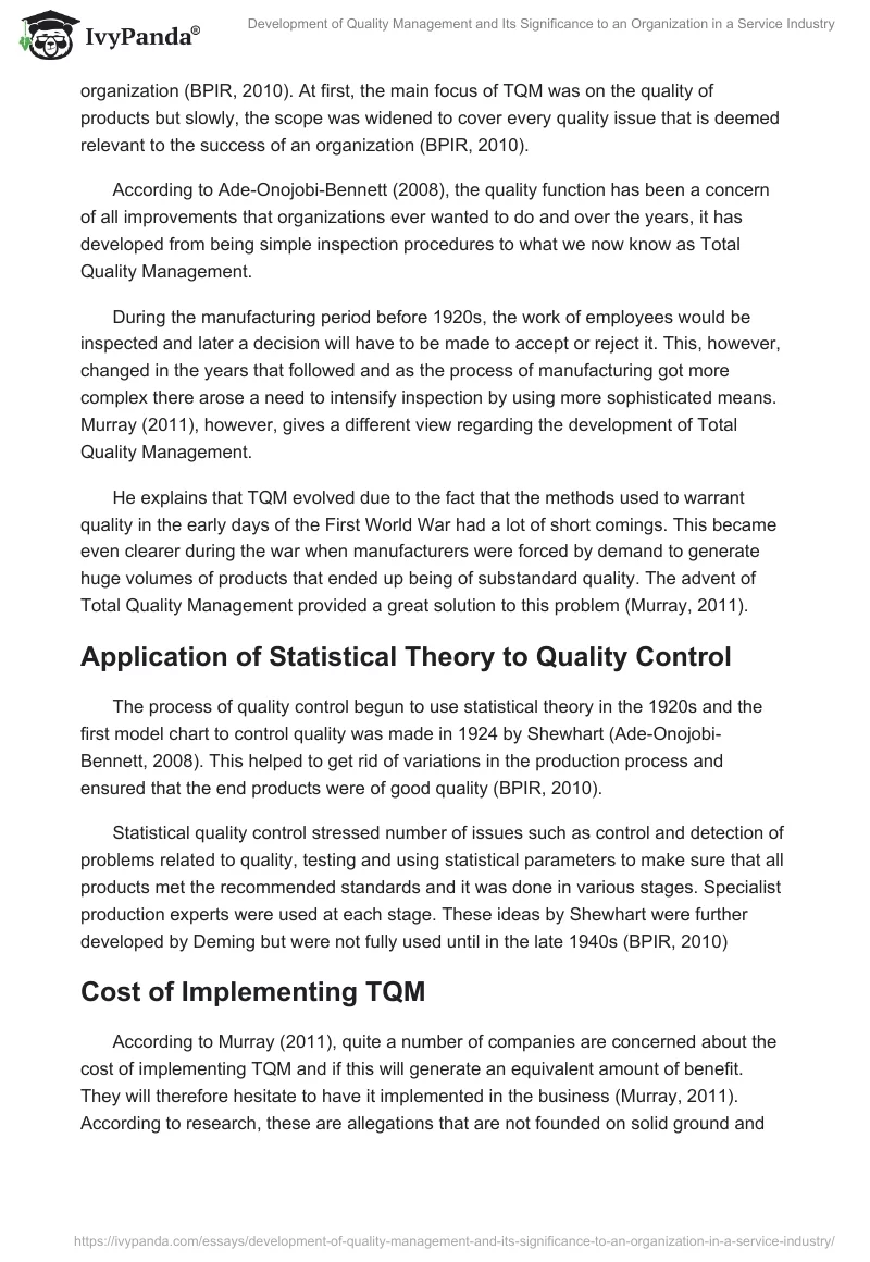 Development of Quality Management and Its Significance to an Organization in a Service Industry. Page 3