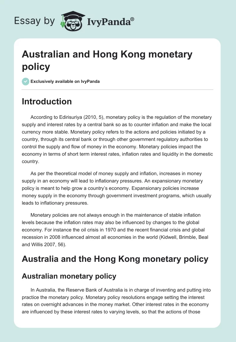 Australian and Hong Kong monetary policy. Page 1