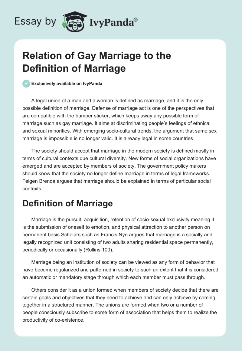 Relation of Gay Marriage to the Definition of Marriage. Page 1