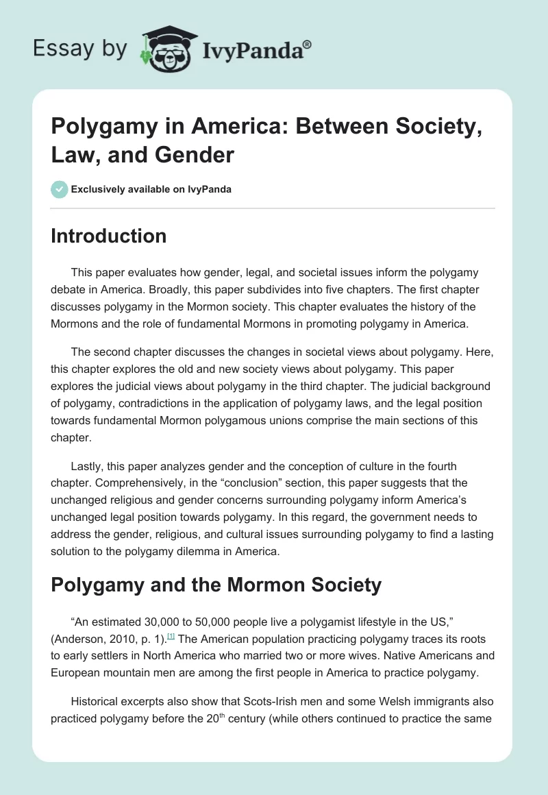 Polygamy in America: Between Society, Law, and Gender. Page 1