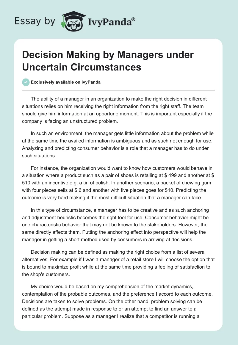 Decision Making by Managers under Uncertain Circumstances. Page 1