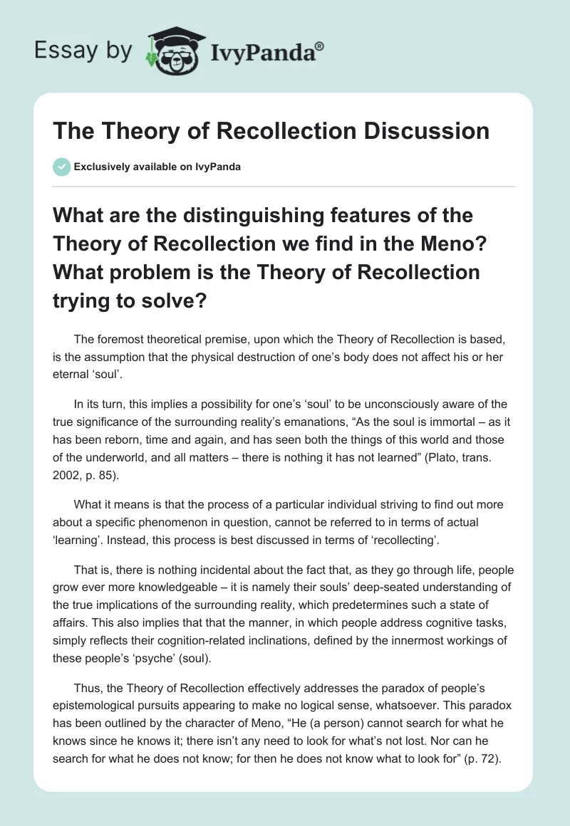 The Theory of Recollection Discussion. Page 1