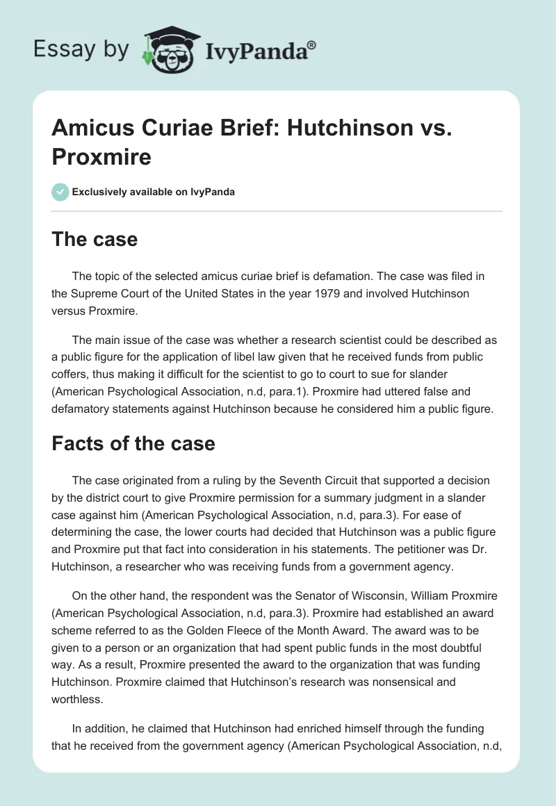 Amicus Curiae Brief: Hutchinson vs. Proxmire. Page 1