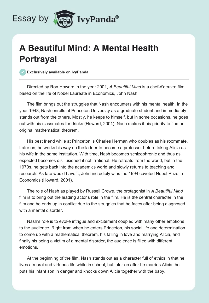 a beautiful mind a mental health portrayal essay