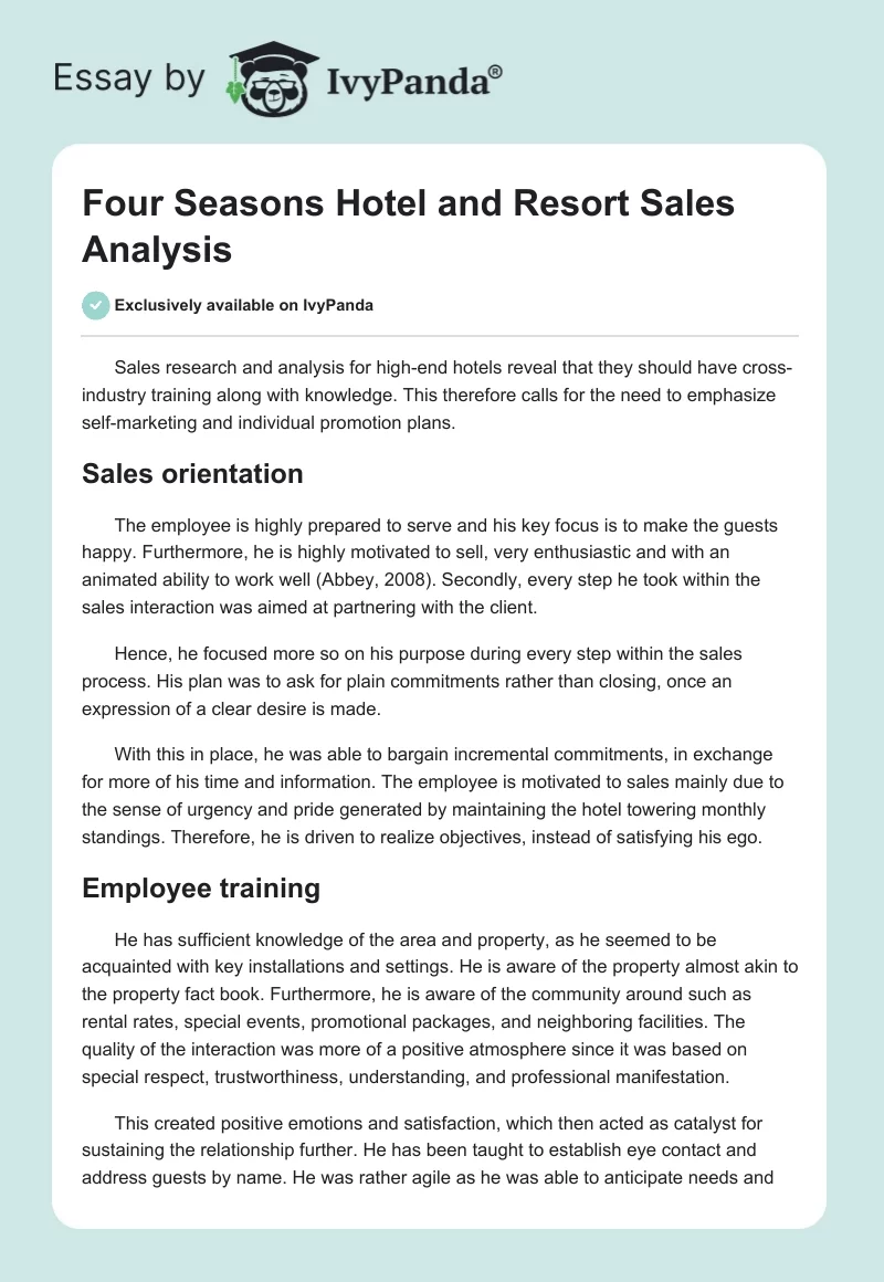 Four Seasons Hotel and Resort Sales Analysis. Page 1
