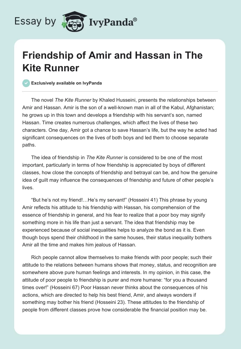 Friendship of Amir and Hassan in The Kite Runner. Page 1