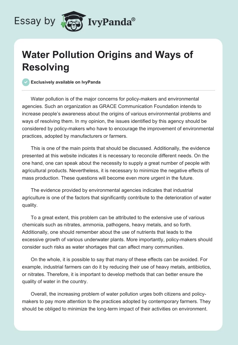 Water Pollution Origins and Ways of Resolving. Page 1