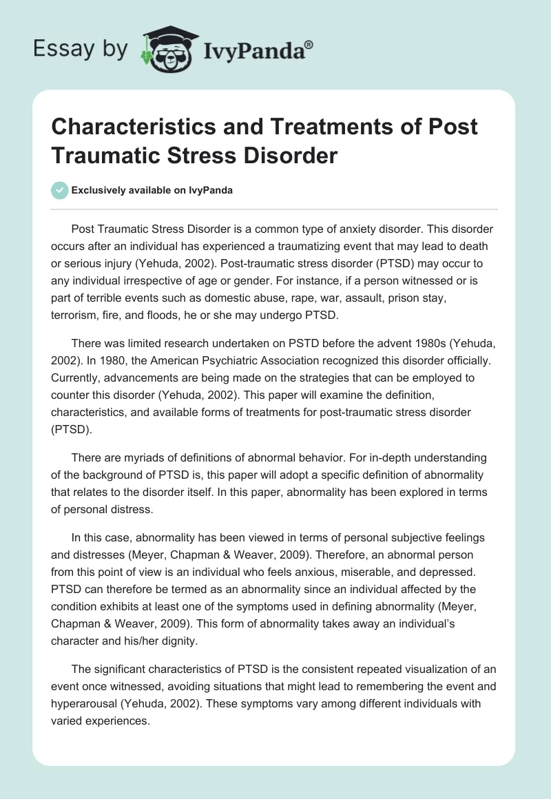 Characteristics and Treatments of Post Traumatic Stress Disorder. Page 1