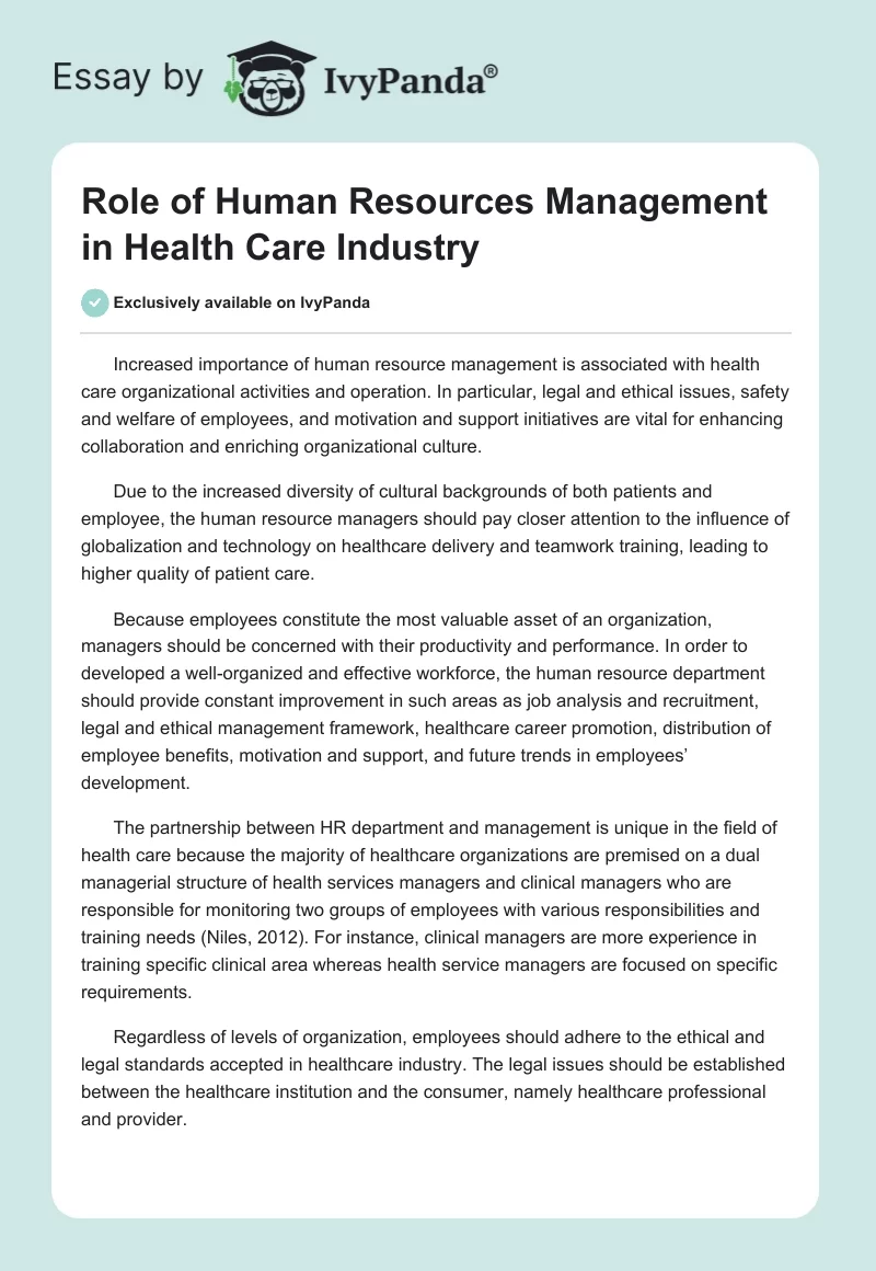 Role of Human Resources Management in Health Care Industry. Page 1