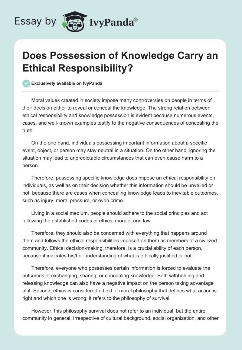 Does Possession of Knowledge Carry an Ethical Responsibility?. Page 1