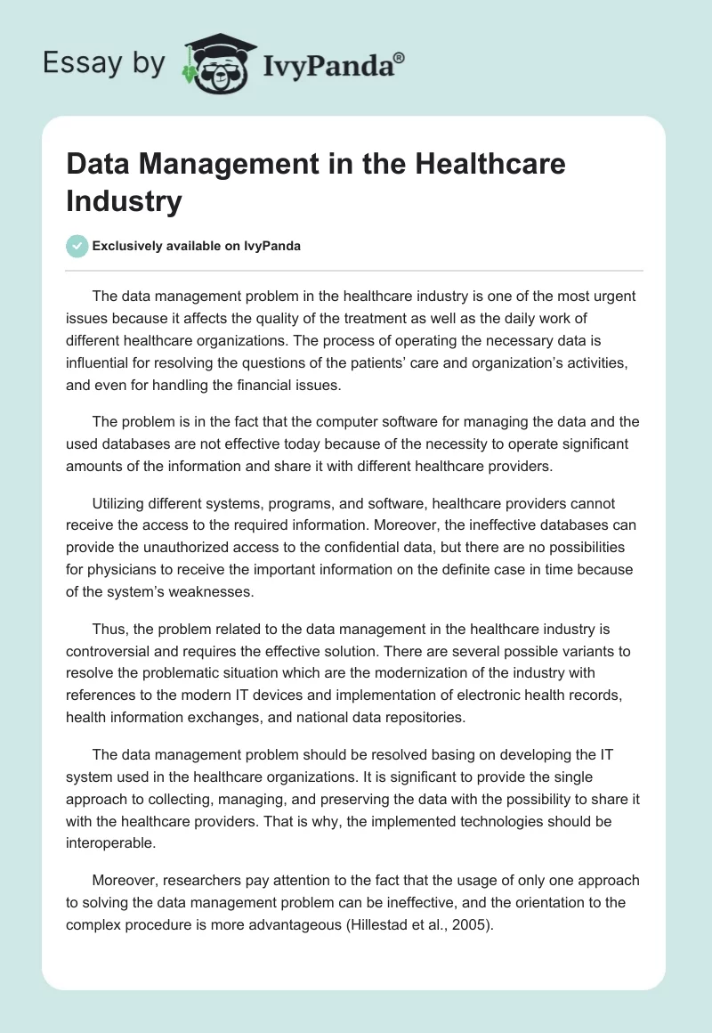 Data Management in the Healthcare Industry. Page 1