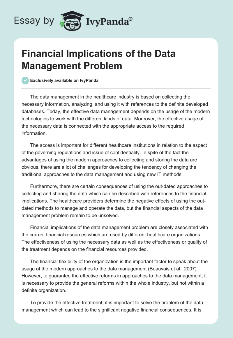 Financial Implications of the Data Management Problem. Page 1