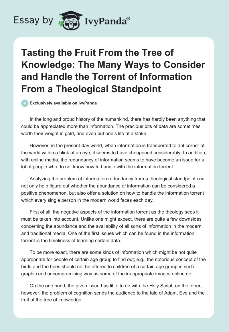 Tasting the Fruit From the Tree of Knowledge: The Many Ways to Consider and Handle the Torrent of Information From a Theological Standpoint. Page 1