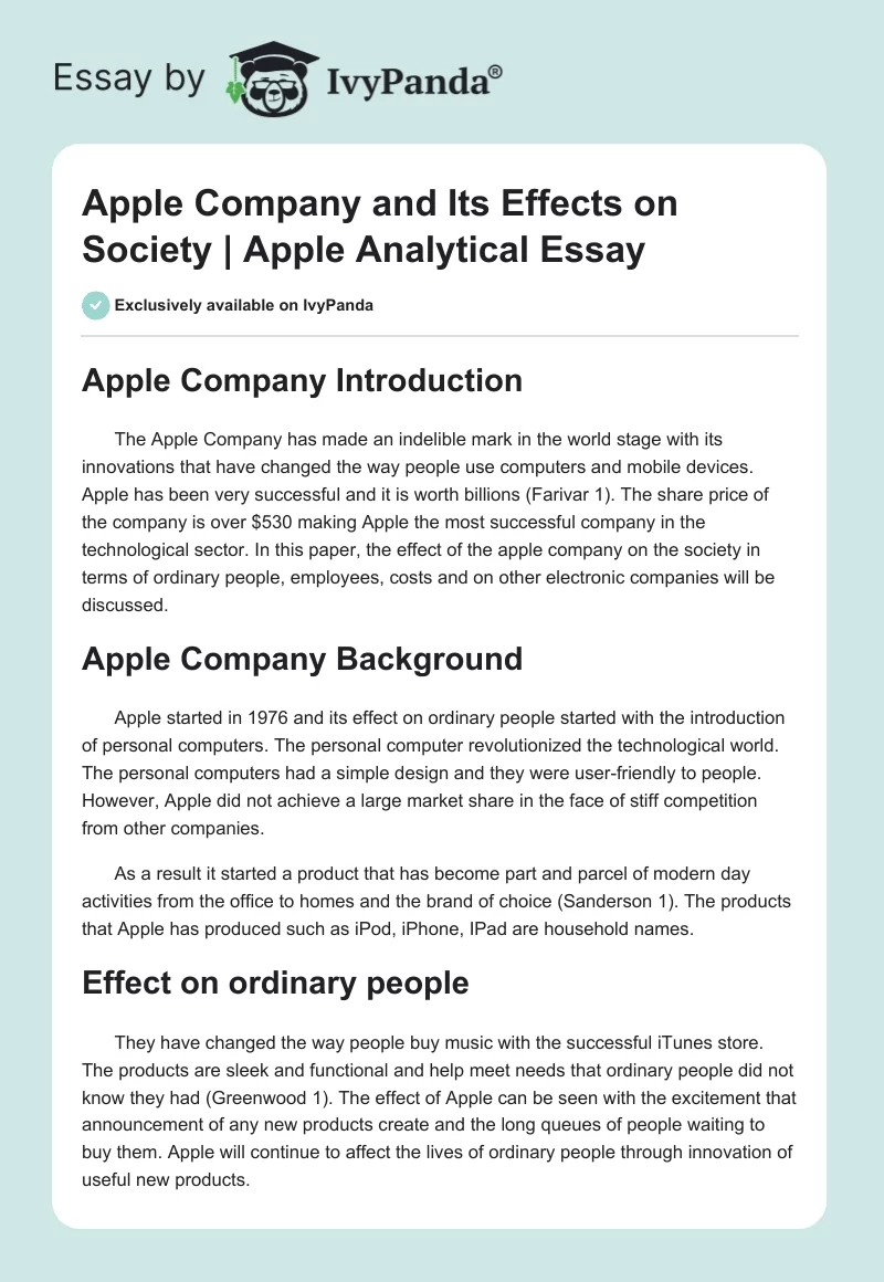 Apple Company and Its Effects on Society | Apple Analytical Essay. Page 1