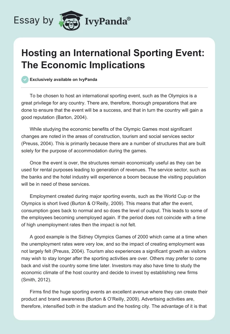 Hosting an International Sporting Event: The Economic Implications. Page 1