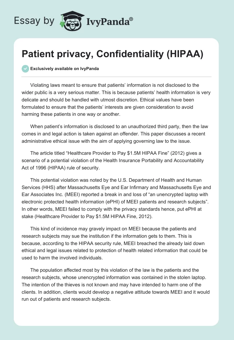 Patient privacy, Confidentiality (HIPAA). Page 1