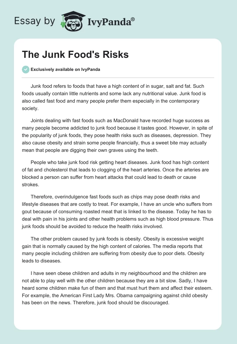The Junk Food's Risks. Page 1